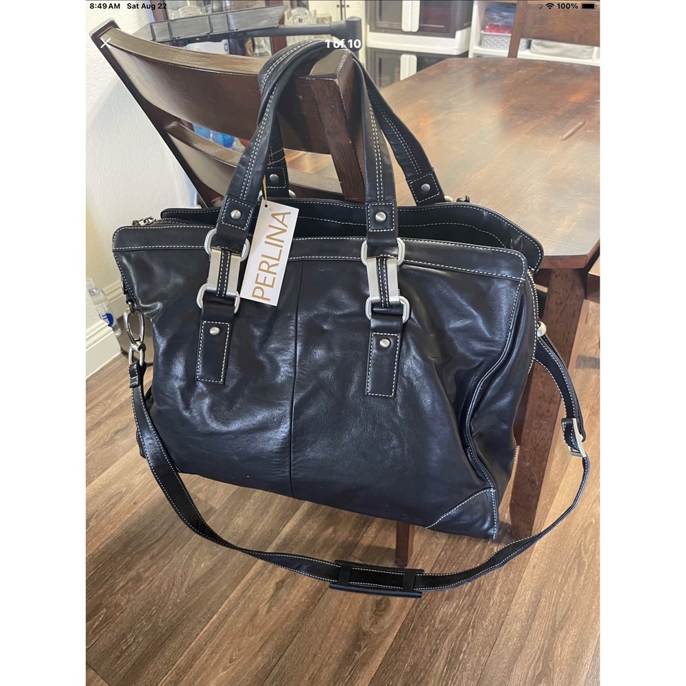 Perlina New York Black Leather Satchel Bag Contrast Stitching Silver Hardware